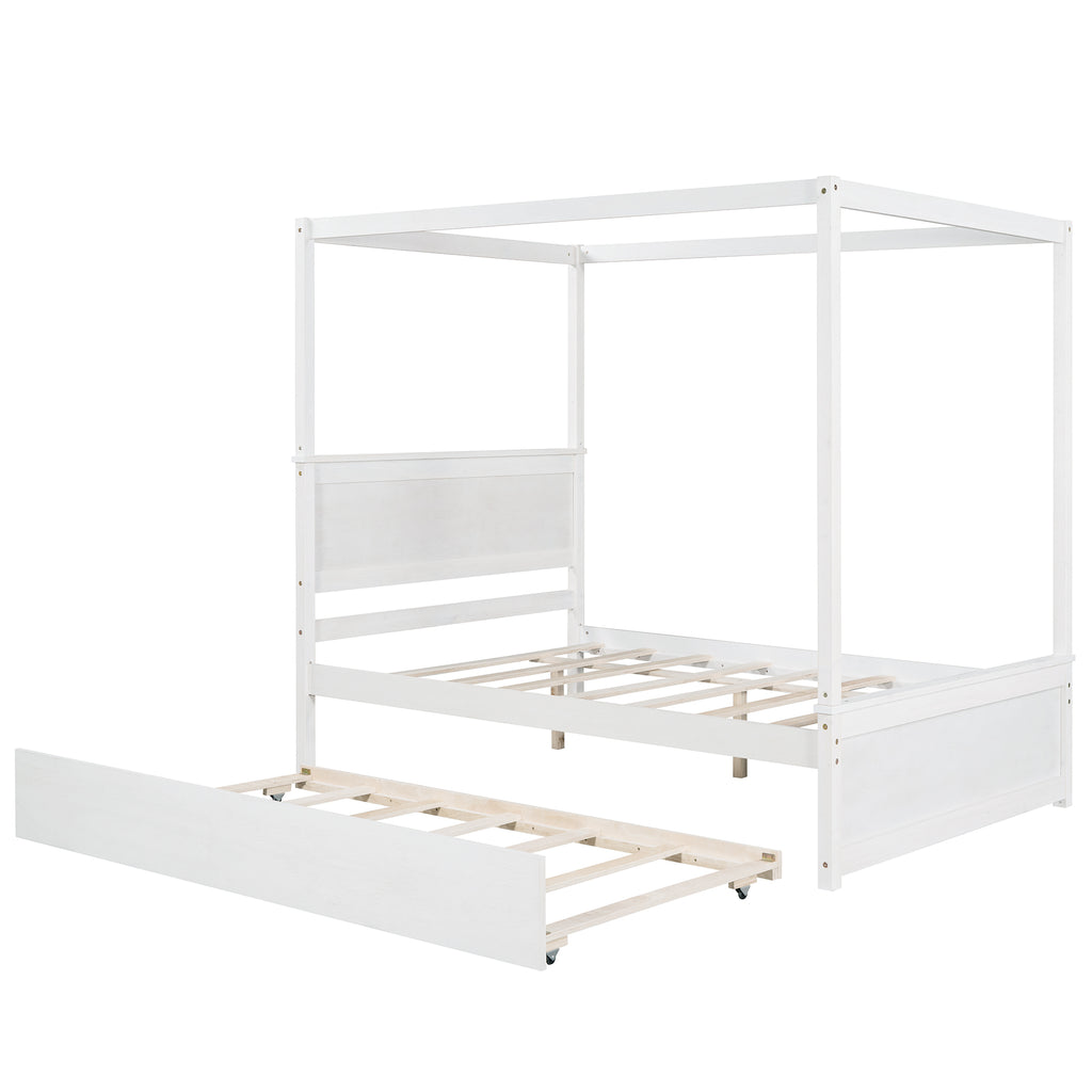 Solid wood full size canopy bed in bedroom setting
