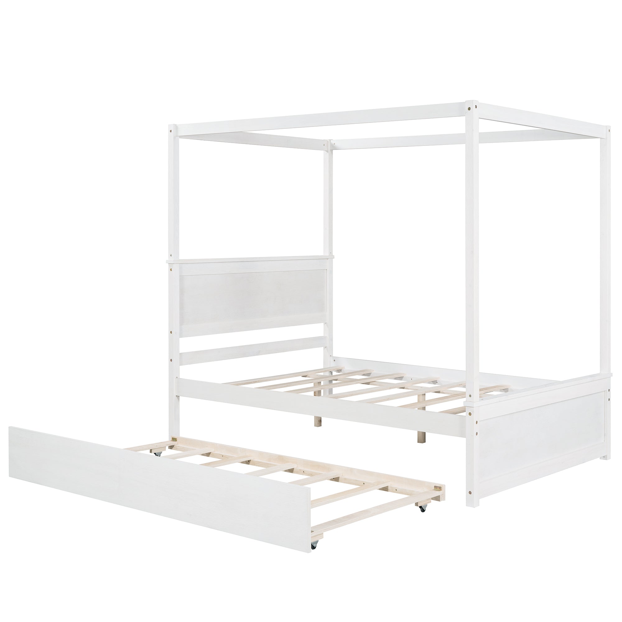 Solid wood full size canopy bed in bedroom setting