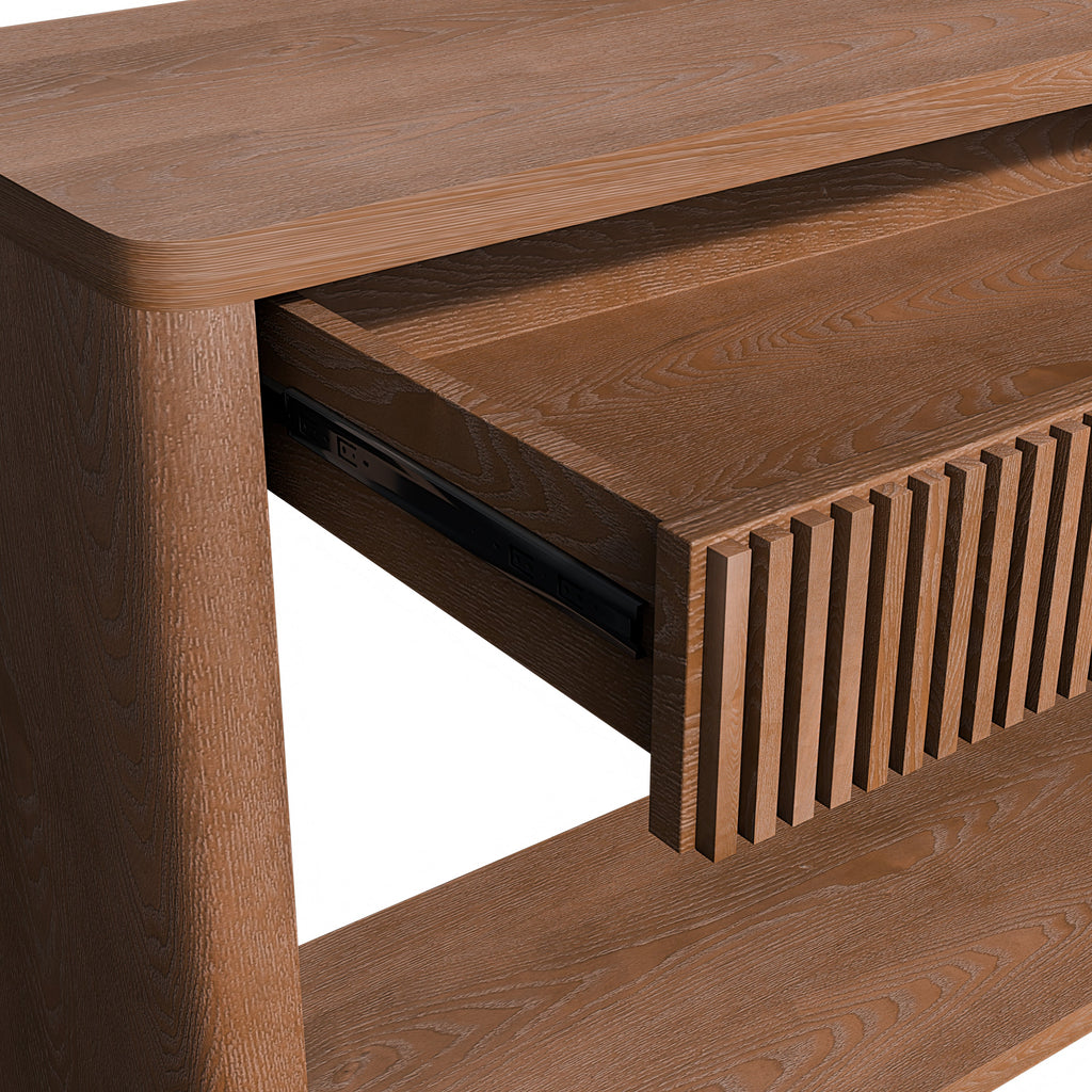 60' Modern 2-Drawer Fluted Console Table Natural Wood Veneer Sofa Table Behind Couch Table for Living Room, Hallway, Entryway, Home Office, Natural Wood