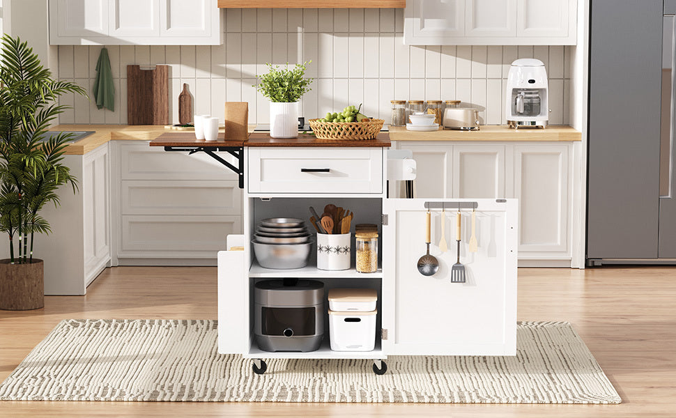 K&K 39.3' Farmhouse Kitchen Island with Drop Leaf, Kitchen Storage Island with Open Side Rack, One Drawer, Towel Rack, Rolling Kitchen Cart with Lockable Wheels for Lawn Garden, Black