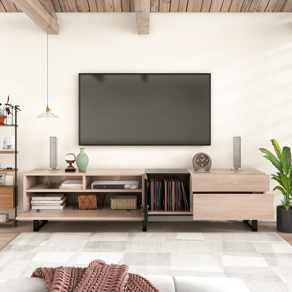 Natural wood entertainment center in living room setting