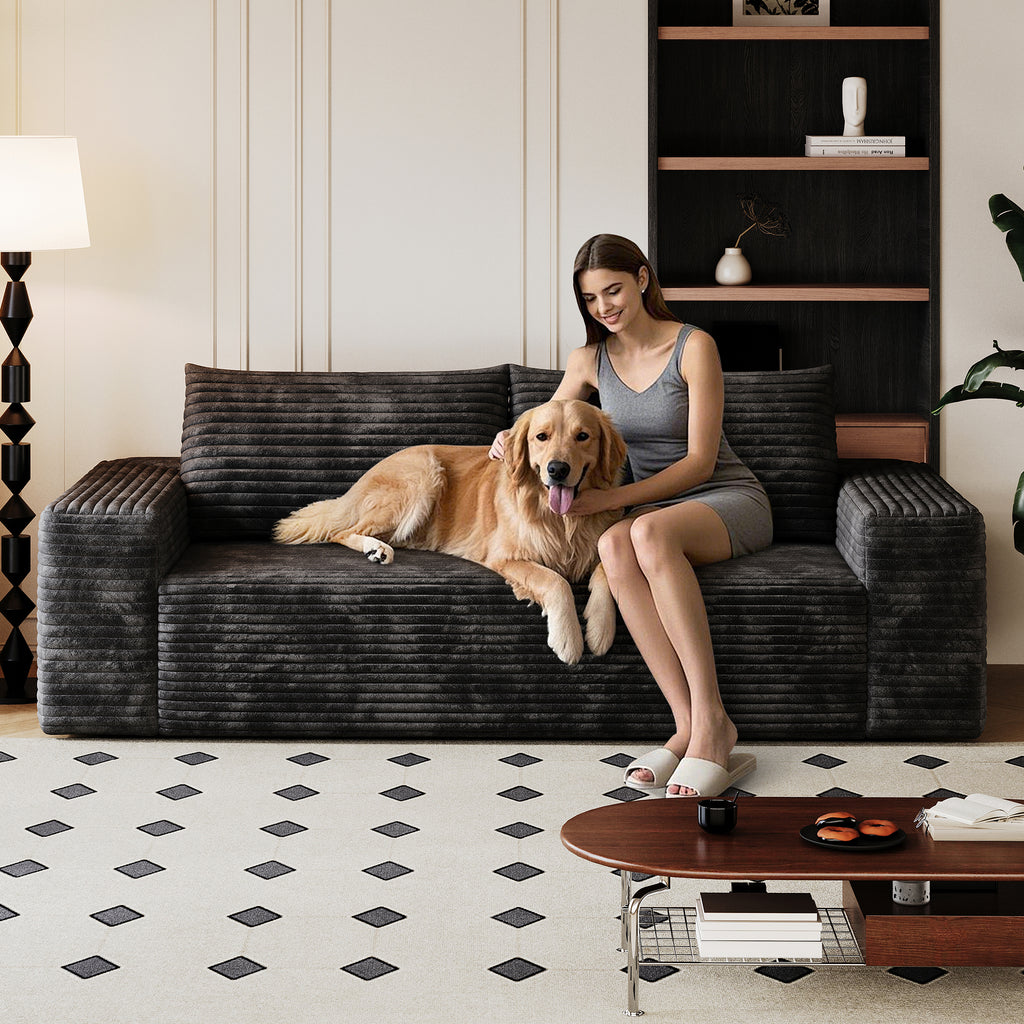Black corduroy 2-seater deep seat loveseat — front view