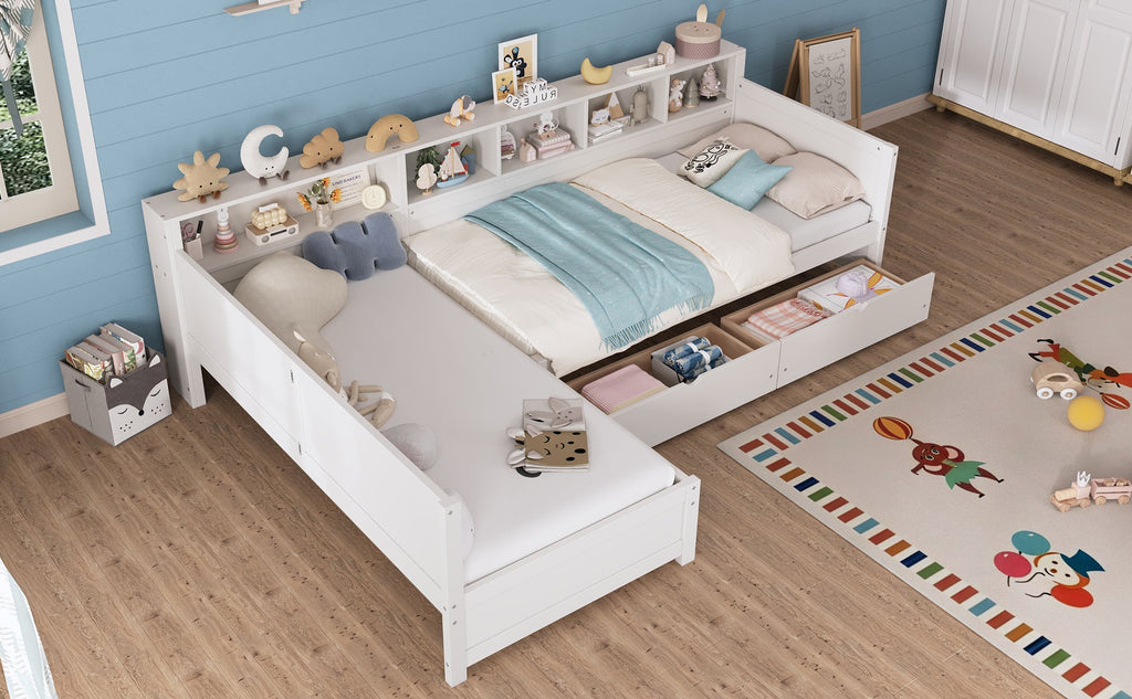 Twin Size Day Bed for 2, L- Shape Twin Size Bed Frame with Storage 3 Drawers, Wooden Corner Bed with Bookshelf, Corner Bed Frame For Bedroom, Living Room,Grey