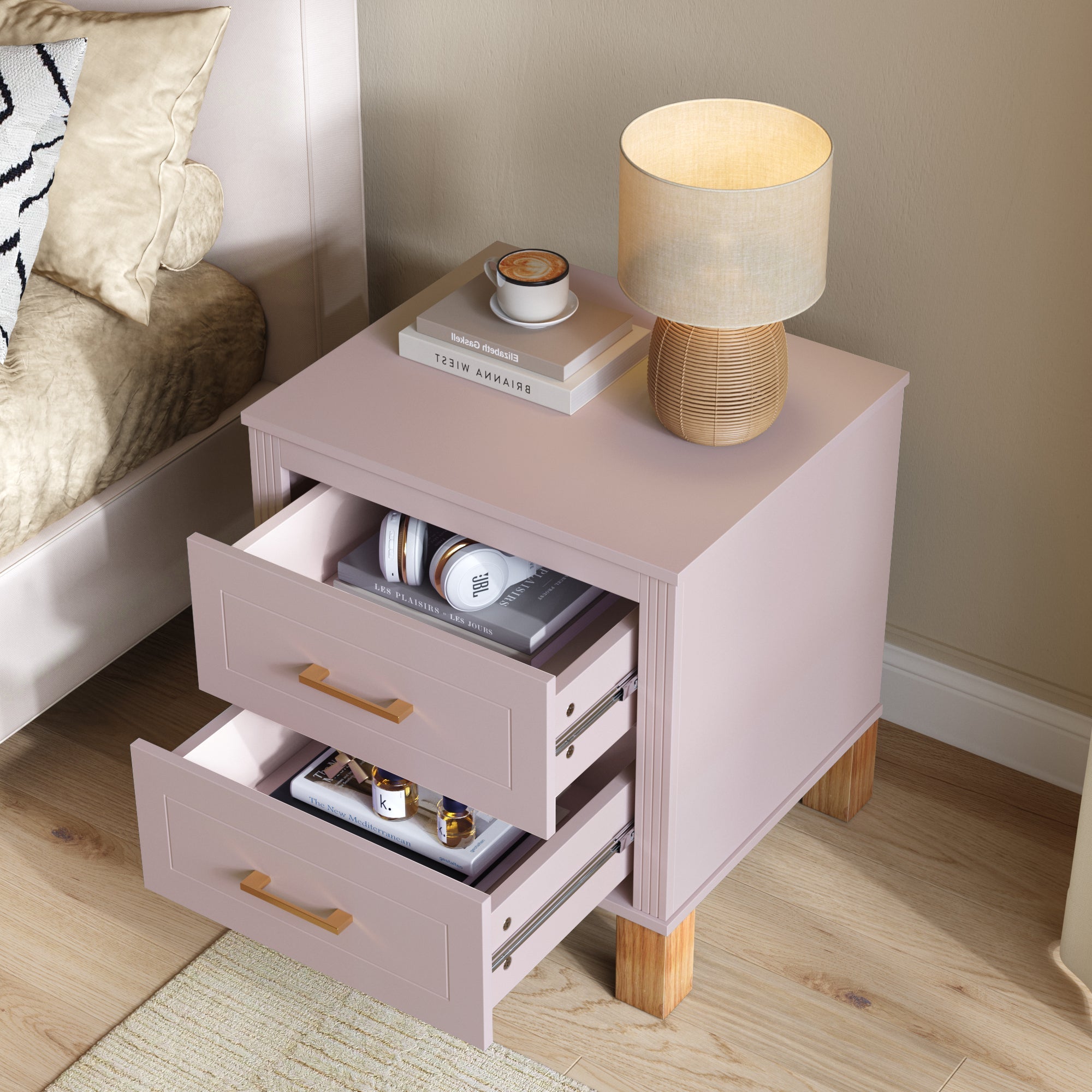 2 Drawer Nightstand, Premium Wood Storage with Elegant Fluted Design, Solid Wood Legs Nightstand with Metal Handle, Tall Bedside Table for Bedroom Living Room, White