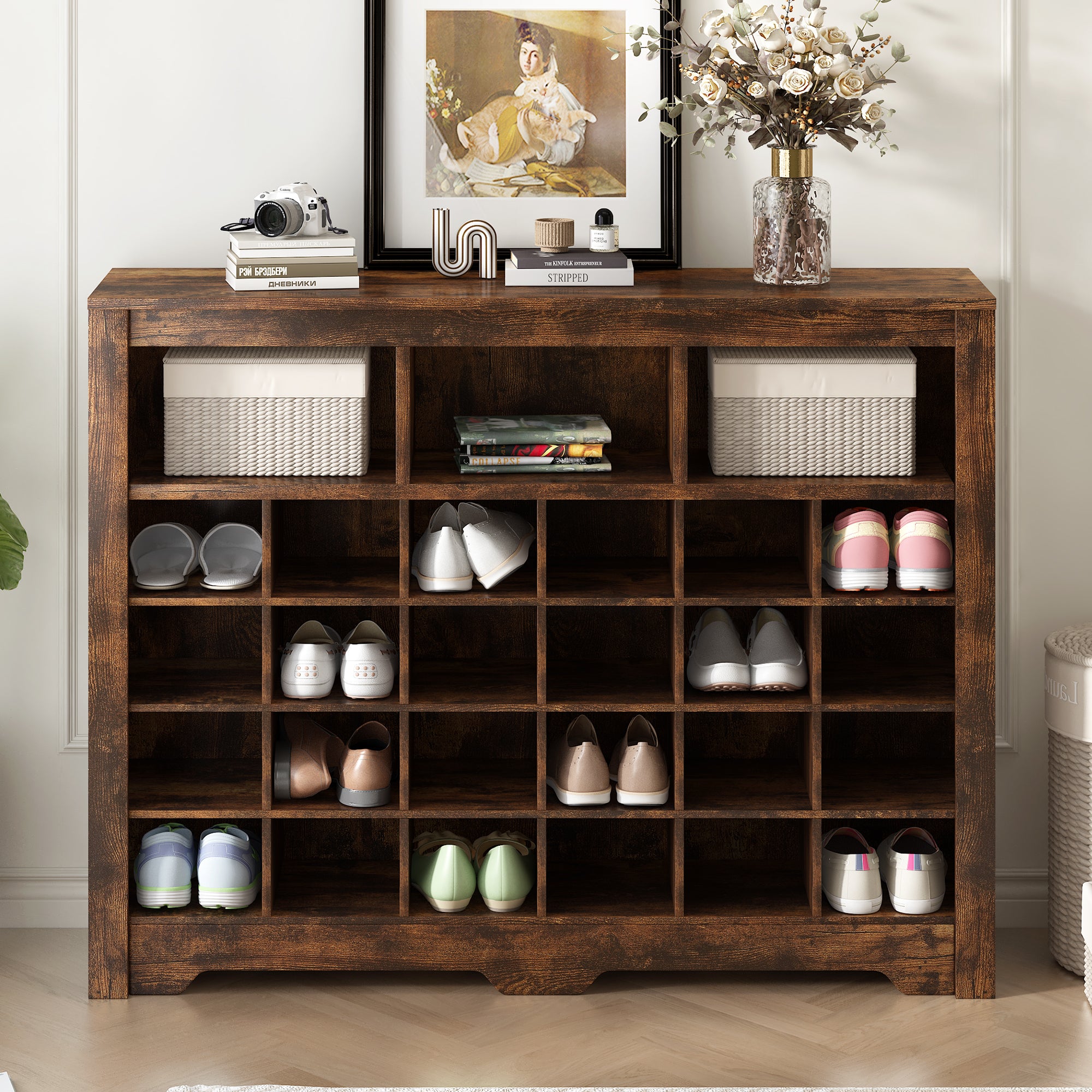 Modern shoe cabinet with curved base — angle view