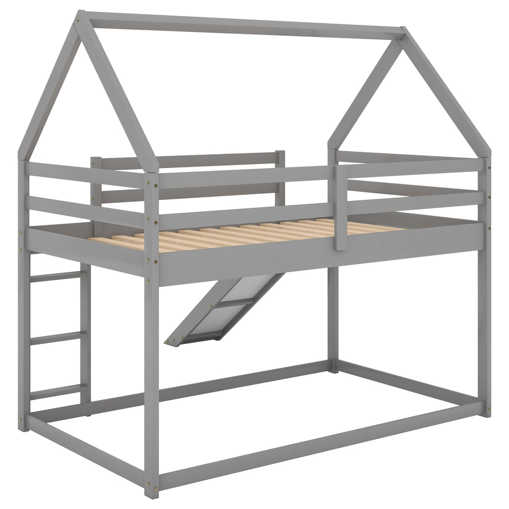 Built-in slide on gray house-shape bunk bed