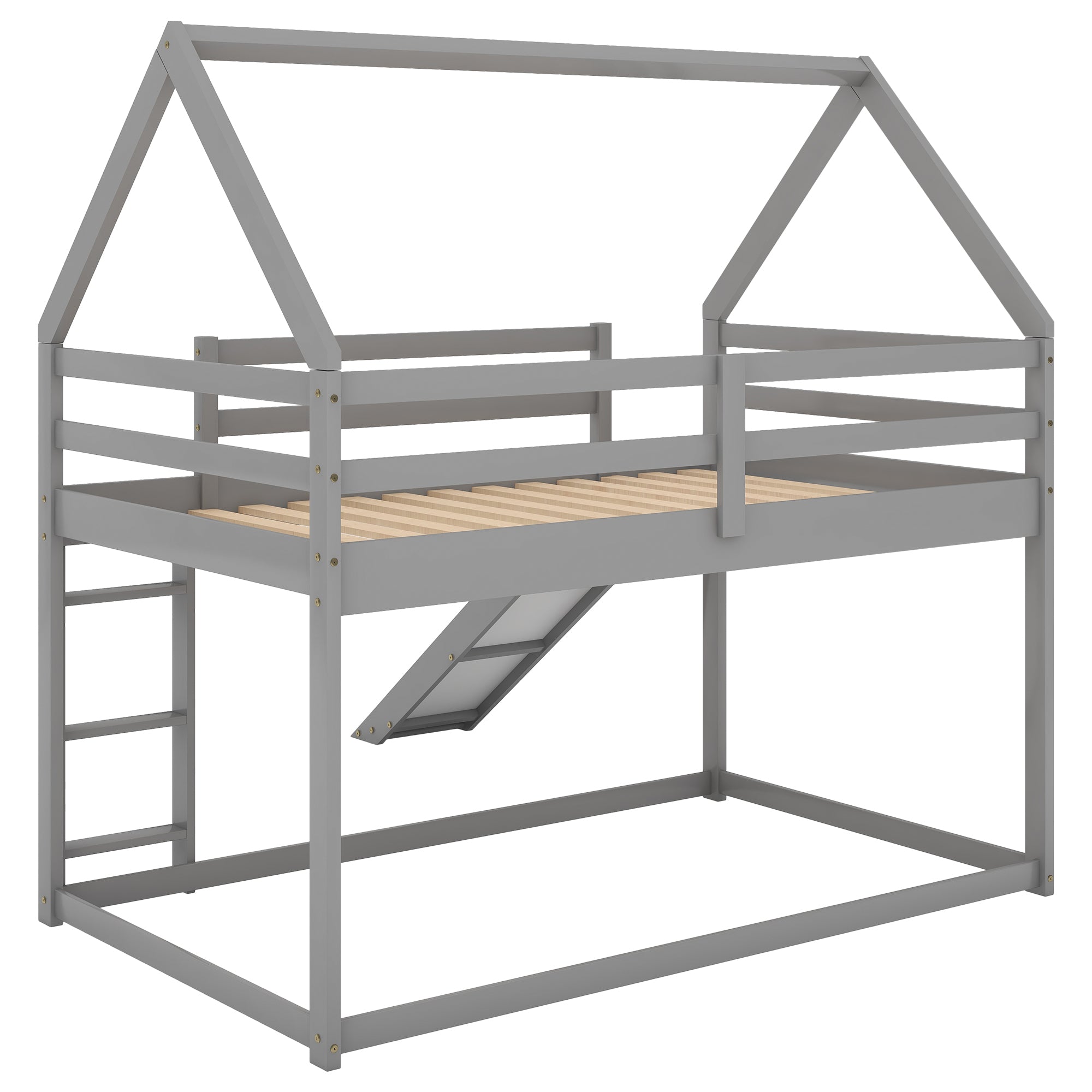 Built-in slide on gray house-shape bunk bed