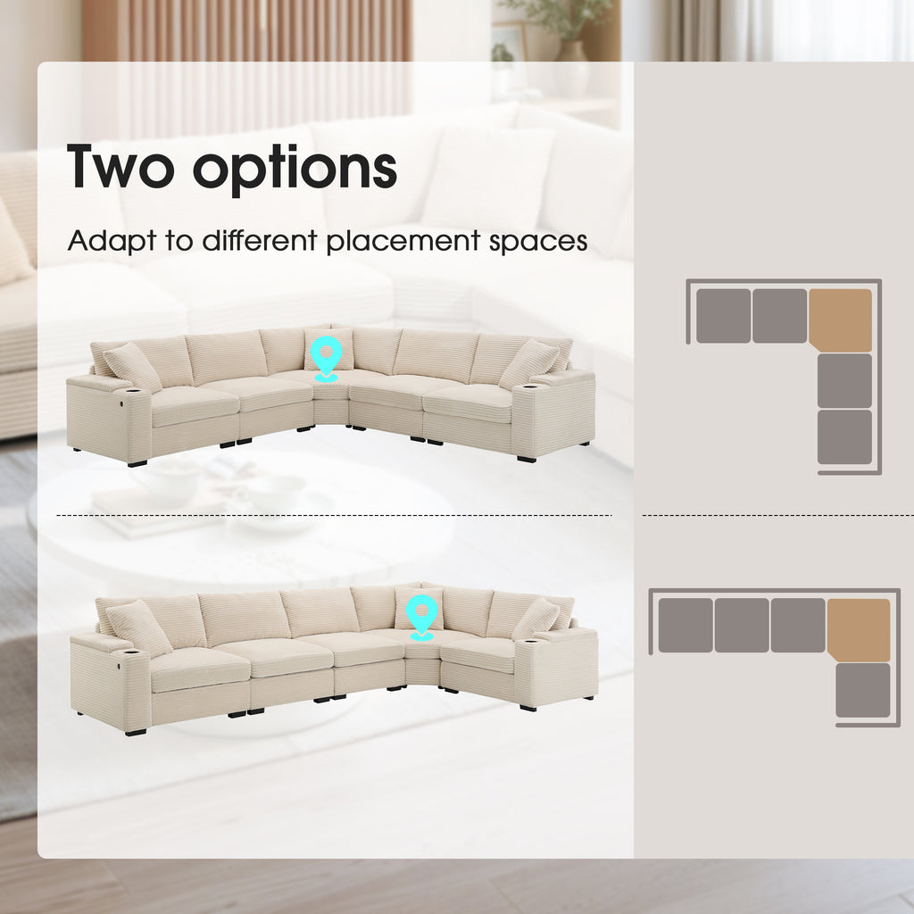 USB charger port on beige modular sectional sofa side panel