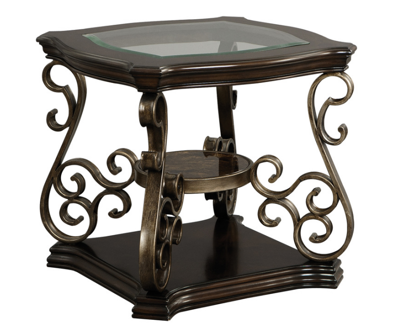 Brown glass-top end table fixed middle shelf storage