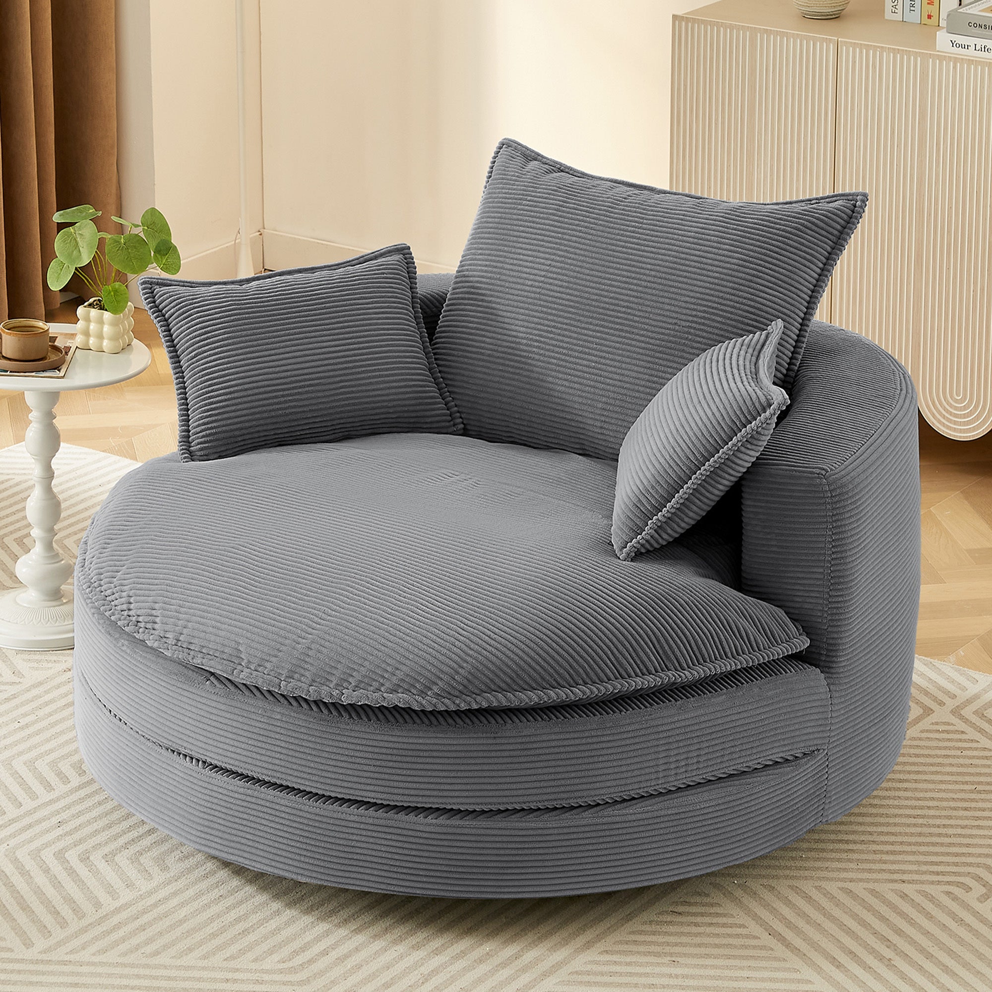 Blue Corduroy 360° Swivel Barrel Accent Chair with Dual-Layer Cushion & 3 Pillows