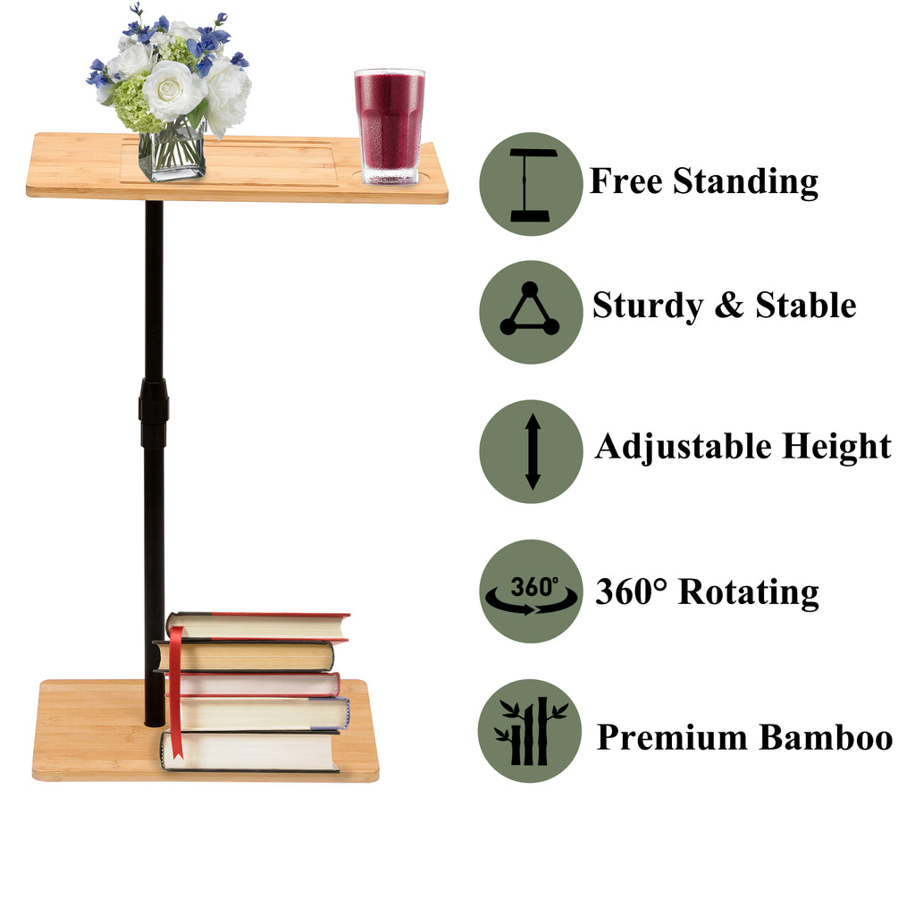 Bamboo tray table with drink holder and storage compartments