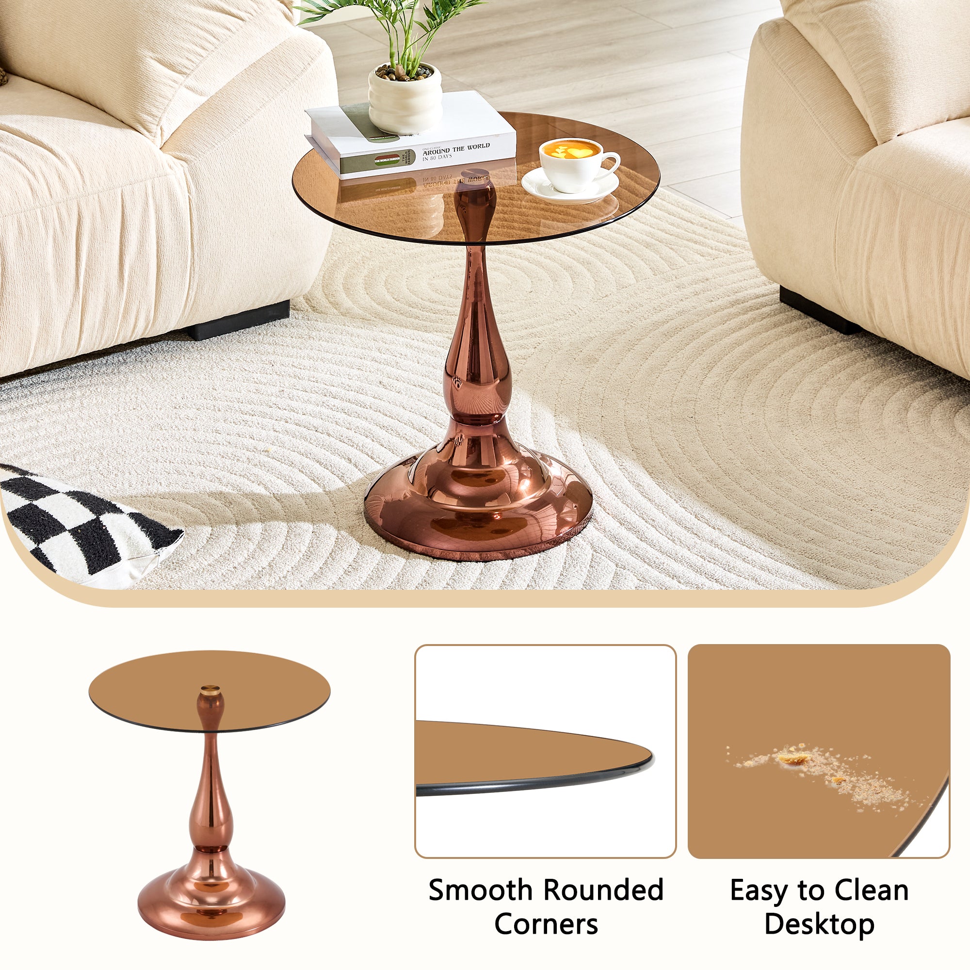 Modern round side table rose gold metal base stable wide foot profile