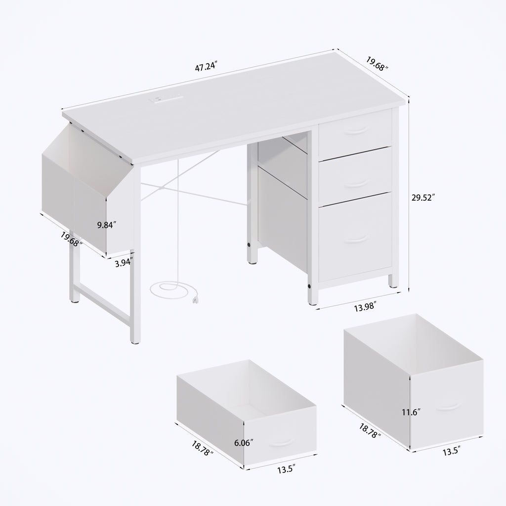 White office desk 3 fabric drawers and side pocket storage layout