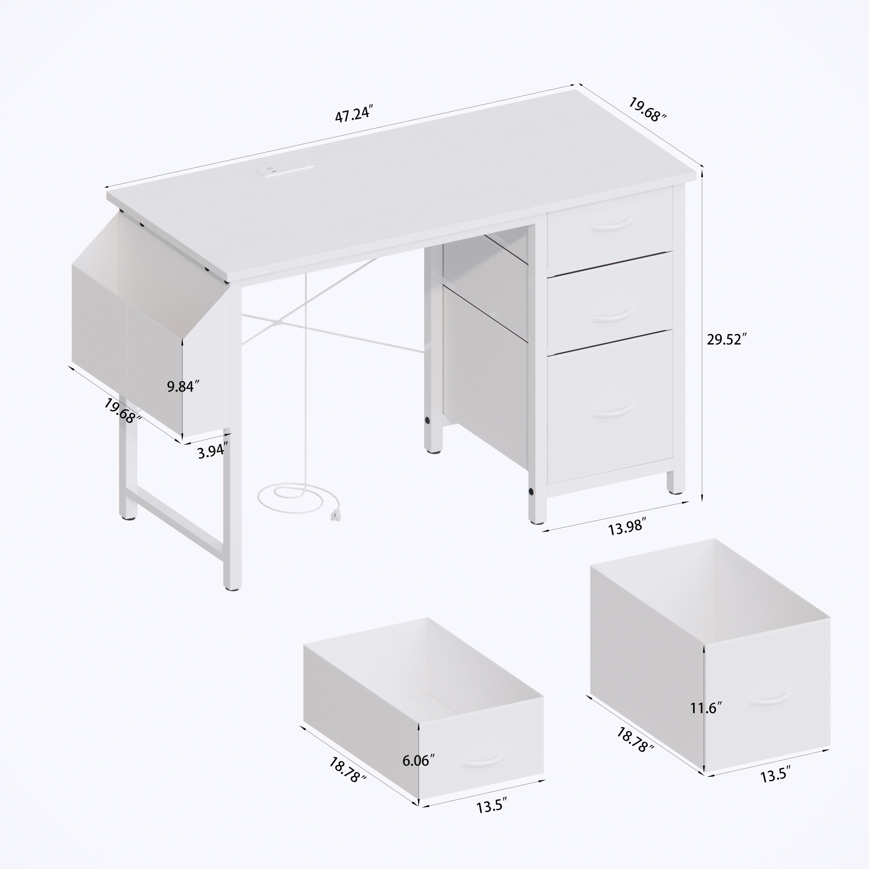 White office desk 3 fabric drawers and side pocket storage layout