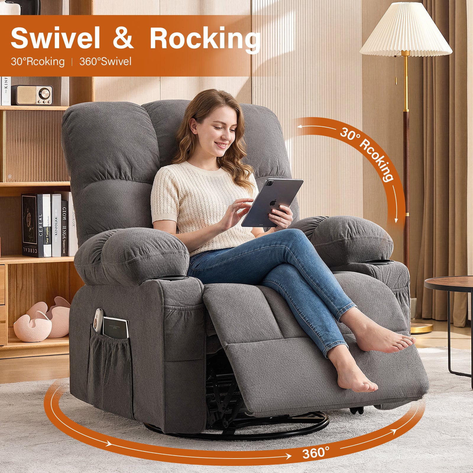 Gray rocker recliner with USB port and side pockets