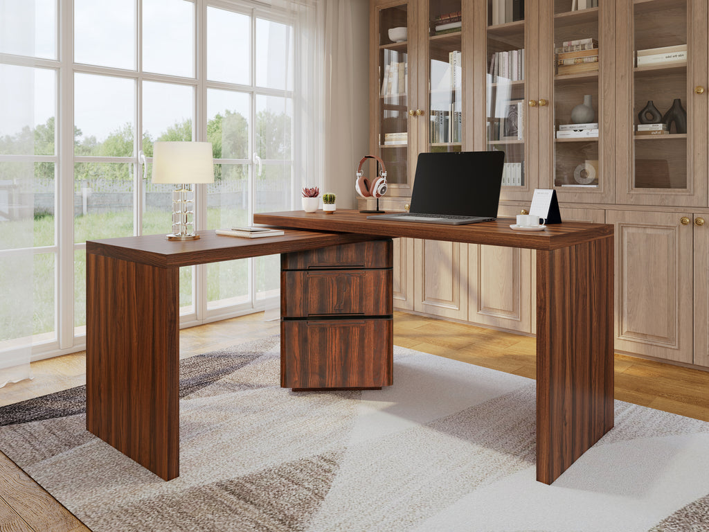 L-shaped desk three drawer storage organization detail