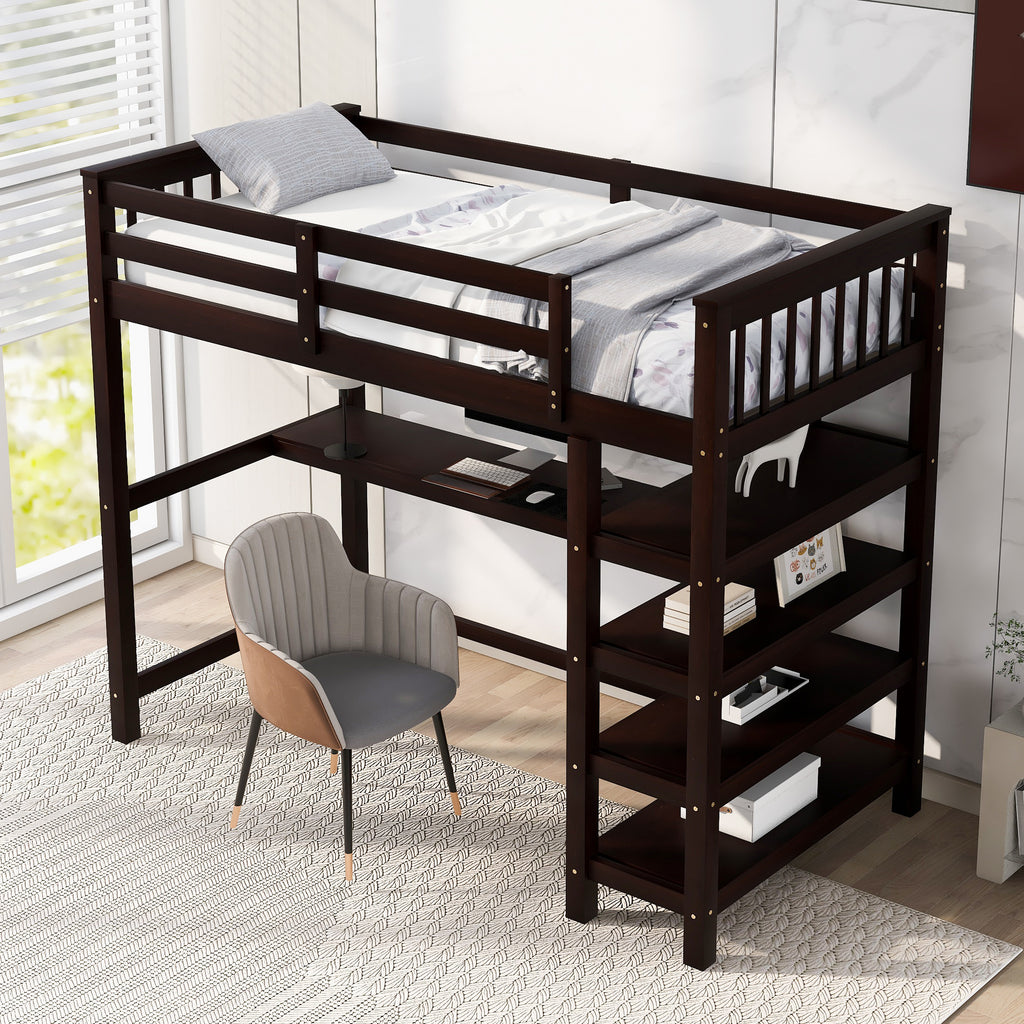 Espresso loft bed side profile with ladder shelves
