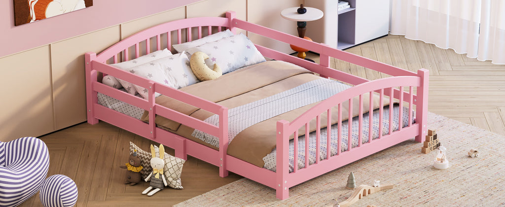 Full Montessori Floor Bed with Slats and Safety Guardrails, Solid Wood Floor Bed with Fence and Without Door, Easy Assemble Montessori Bed for Girls and Boys, Gray
