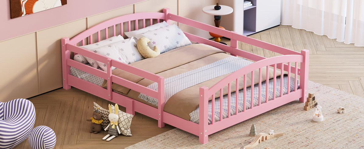 Full Montessori Floor Bed with Slats and Safety Guardrails, Solid Wood Floor Bed with Fence and Without Door, Easy Assemble Montessori Bed for Girls and Boys, Gray