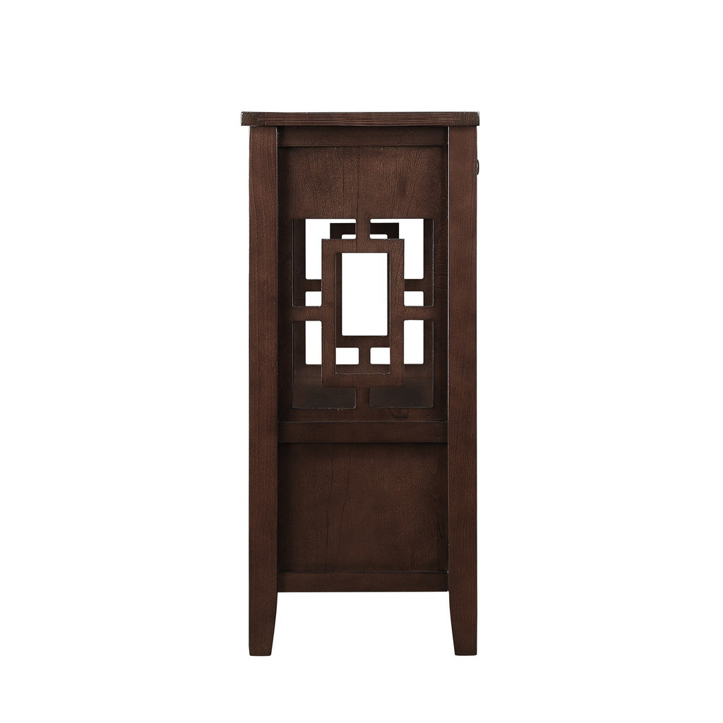 Pine wood console table open storage shelf view