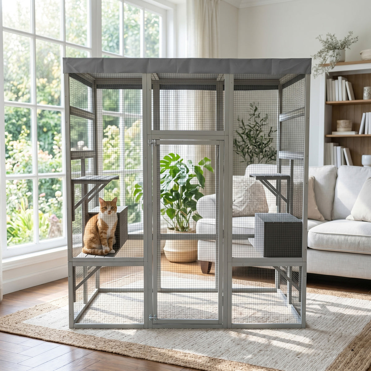 Gray Wooden Catio Pet Enclosure with Waterproof Top, Spacious and Secure Cat House & Small Animal Cage,2 Napping Boxes