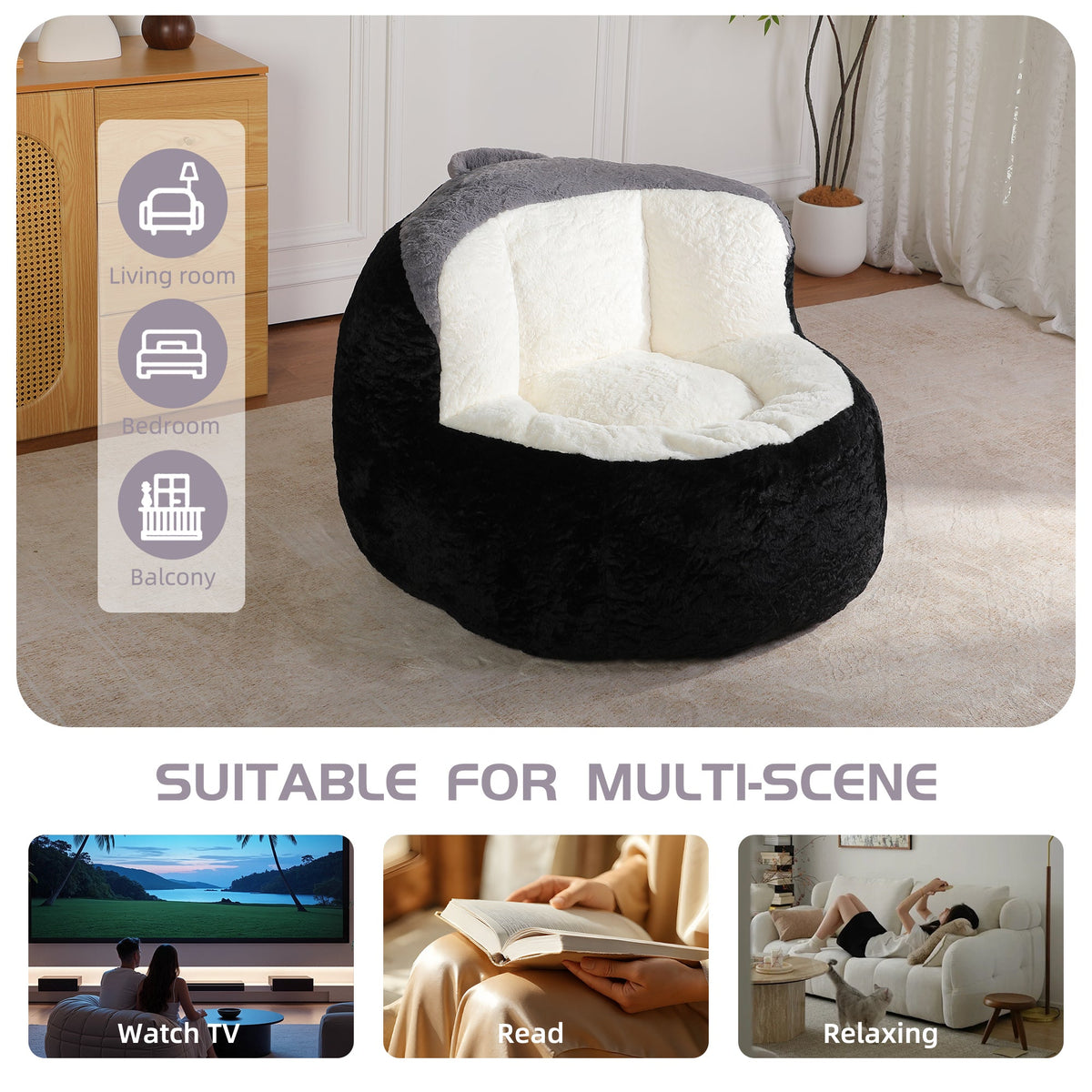 Oversized Bean Bag Chairs,Multicolor Faux Fur Couch Filled with Shredded Sponge,Large Lounger Sofa For Living Room,No Assembly Required , Pink+White+Purple