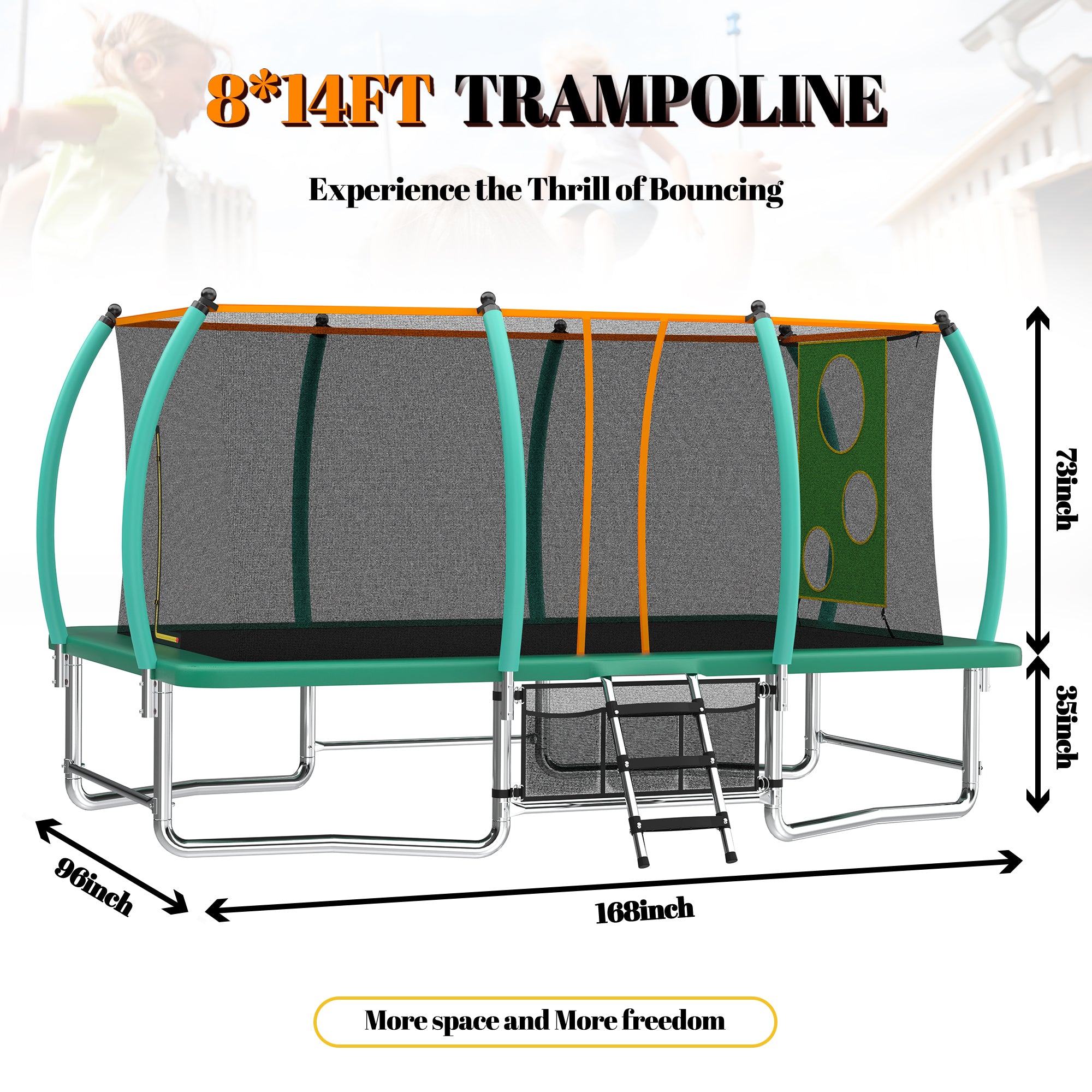 8x14 ft rectangular trampoline balance bars and leg stability detail