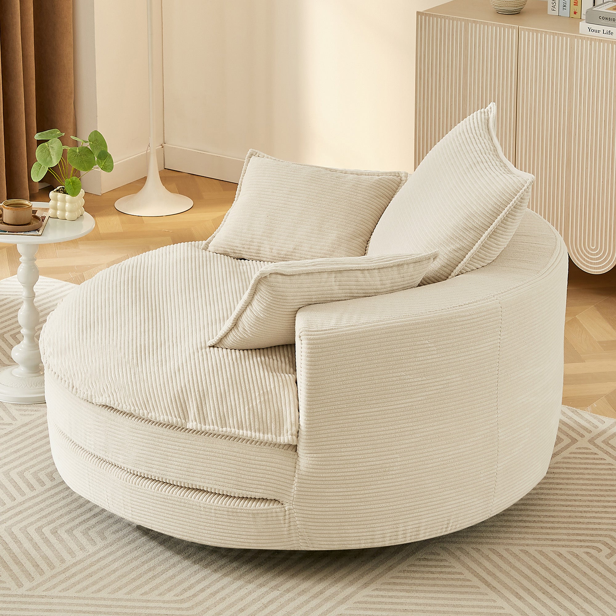 Beige corduroy swivel chair in living room