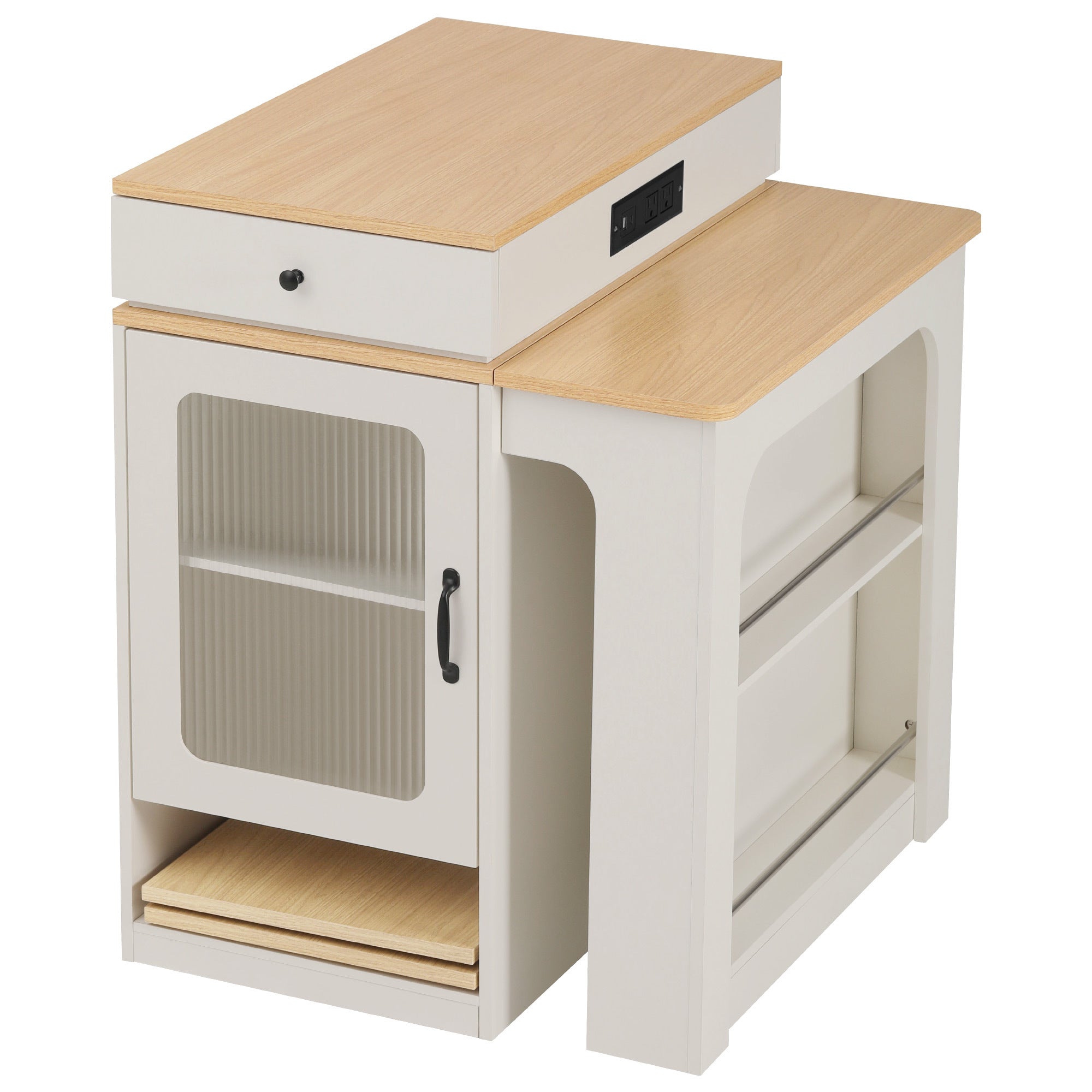 K&K 59.5' Kitchen Island with Extendable Dining Table, Kitchen Storage Table with Double-sided Storage, Kitchen Island with 2 Drawers, Power Outlet, Side Open Shelves, for Kitchen, Dining Room, Black