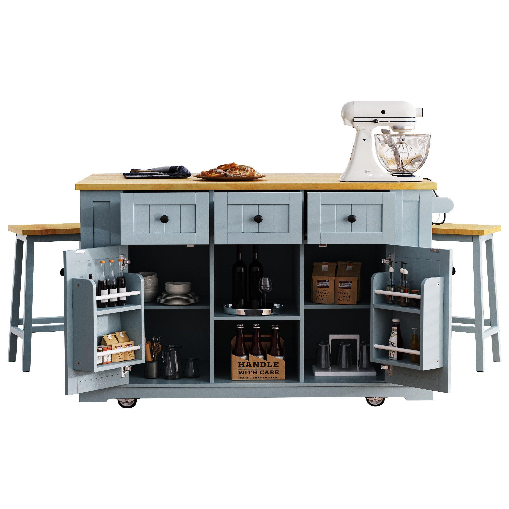 K&K 53inch Large Kitchen Island with 2 Bar Stools, Power Outlet,Door Internal Storage Rack, Kitchen Storage Cart on 5 Wheels with Drop Leaf, 5 Open Side Racks, 3 Drawers,Black (Three Packages)