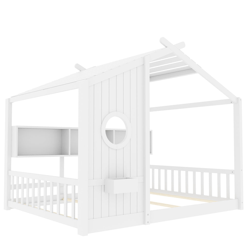 Full Size Floor House Bed for Toddler, Kids Montessori Bed with Storage Shelf, Playhouse Bed with Roof Design, Gray