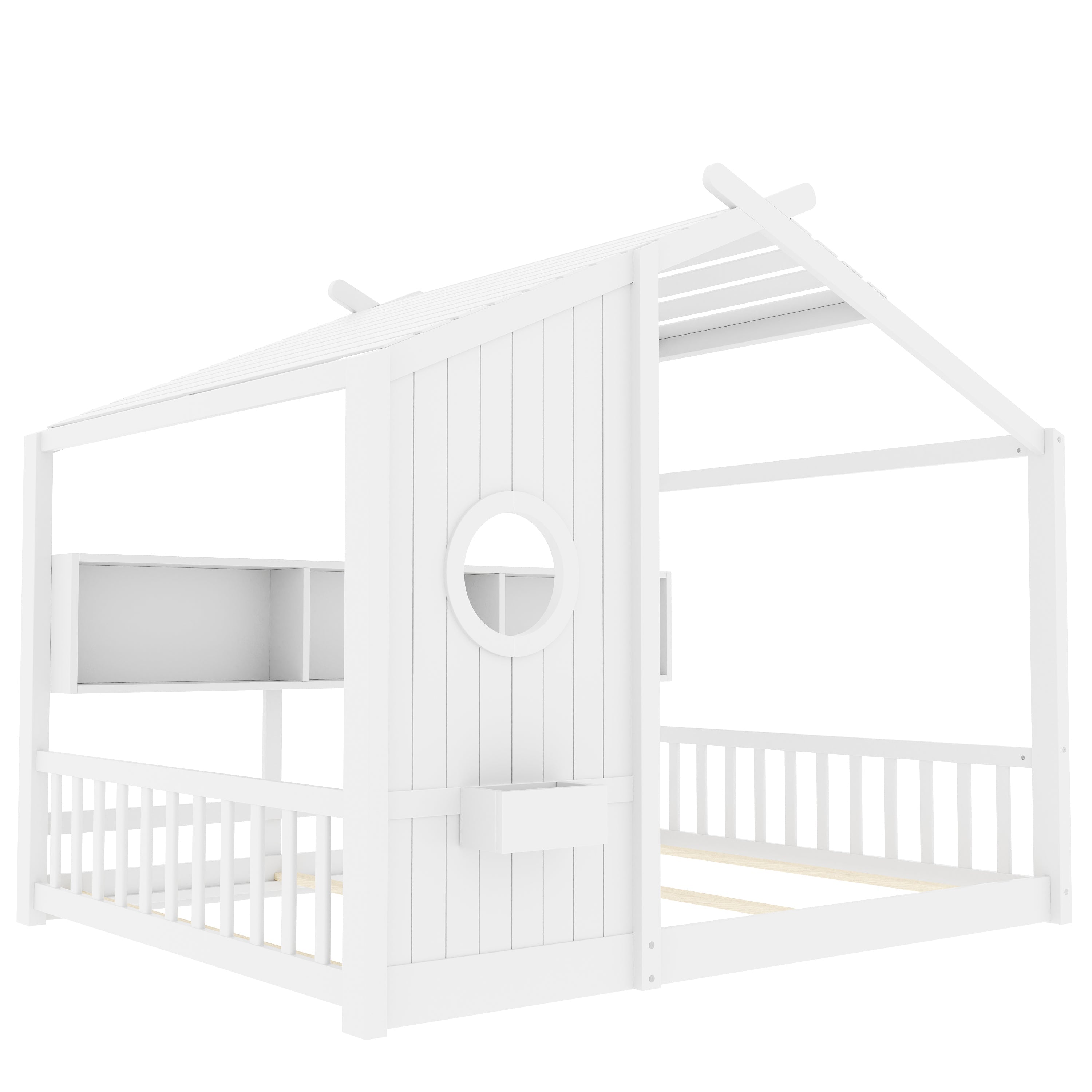 Full Size Floor House Bed for Toddler, Kids Montessori Bed with Storage Shelf, Playhouse Bed with Roof Design, Gray