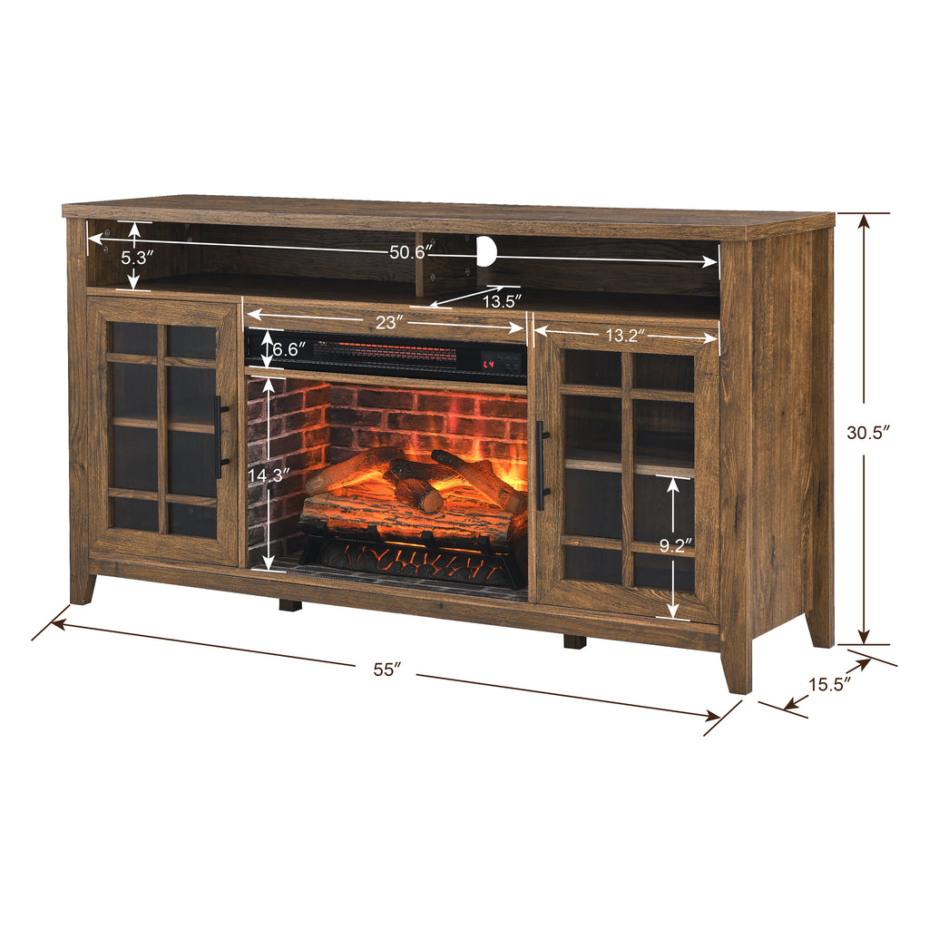 Electric fireplace TV console reclaimed barnwood finish angle view