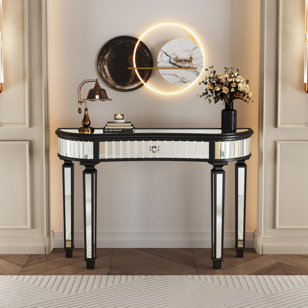 Black and silver half-moon mirrored console table — front view