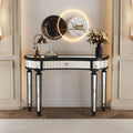 Black and silver half-moon mirrored console table — front view