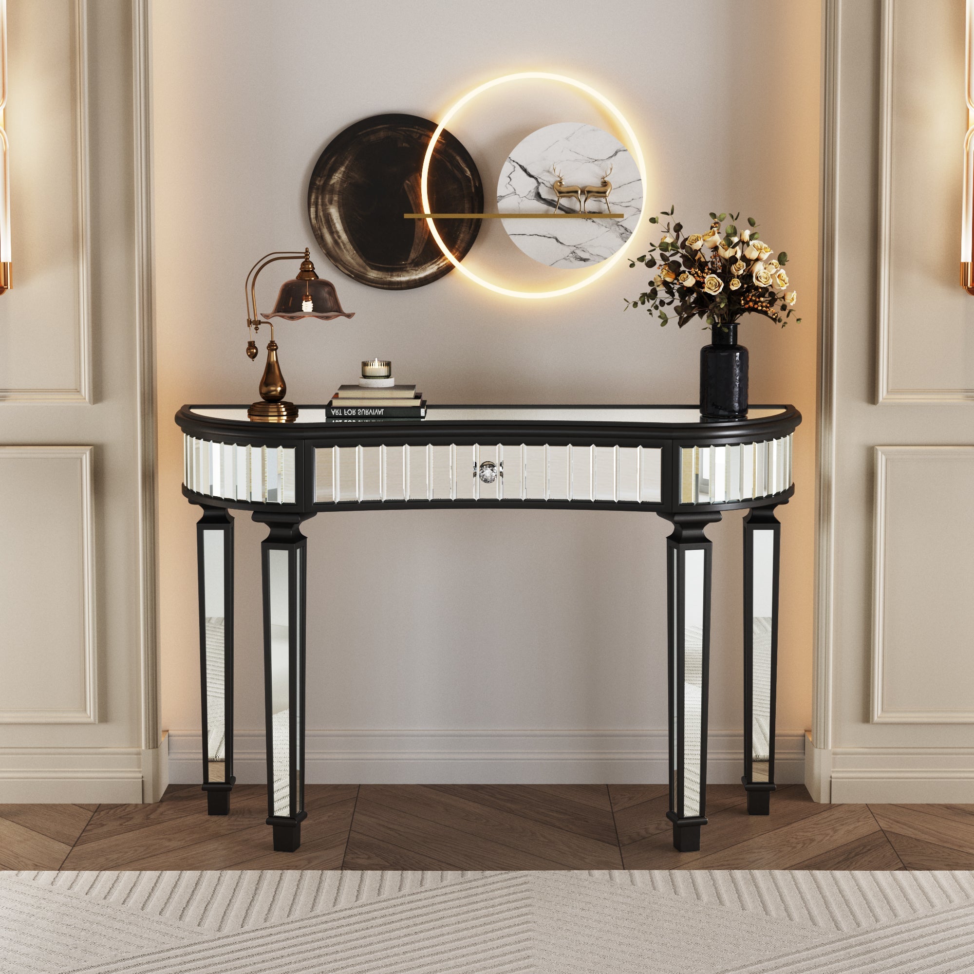 47" Half-Moon Mirrored Console Table — Fluted Glass & Crystal Drawer