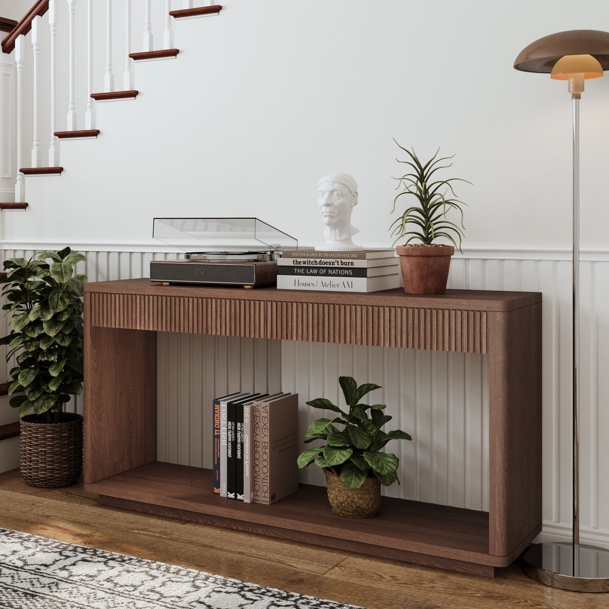 60' Modern 2-Drawer Fluted Console Table Natural Wood Veneer Sofa Table Behind Couch Table for Living Room, Hallway, Entryway, Home Office, Natural Wood