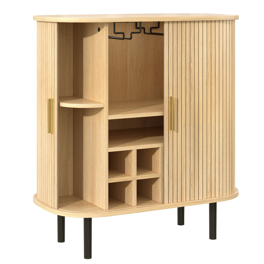 28' Fluted Wine Bar Cabinet with 8-Grid Wine Rack, 5-Level Adjustable Shelves, 2 Glass Holders, Smoothly Sliding Tambour Doors, 4 Hidden Storage Space on the Side, Modern Liquor Coffee Station, Black