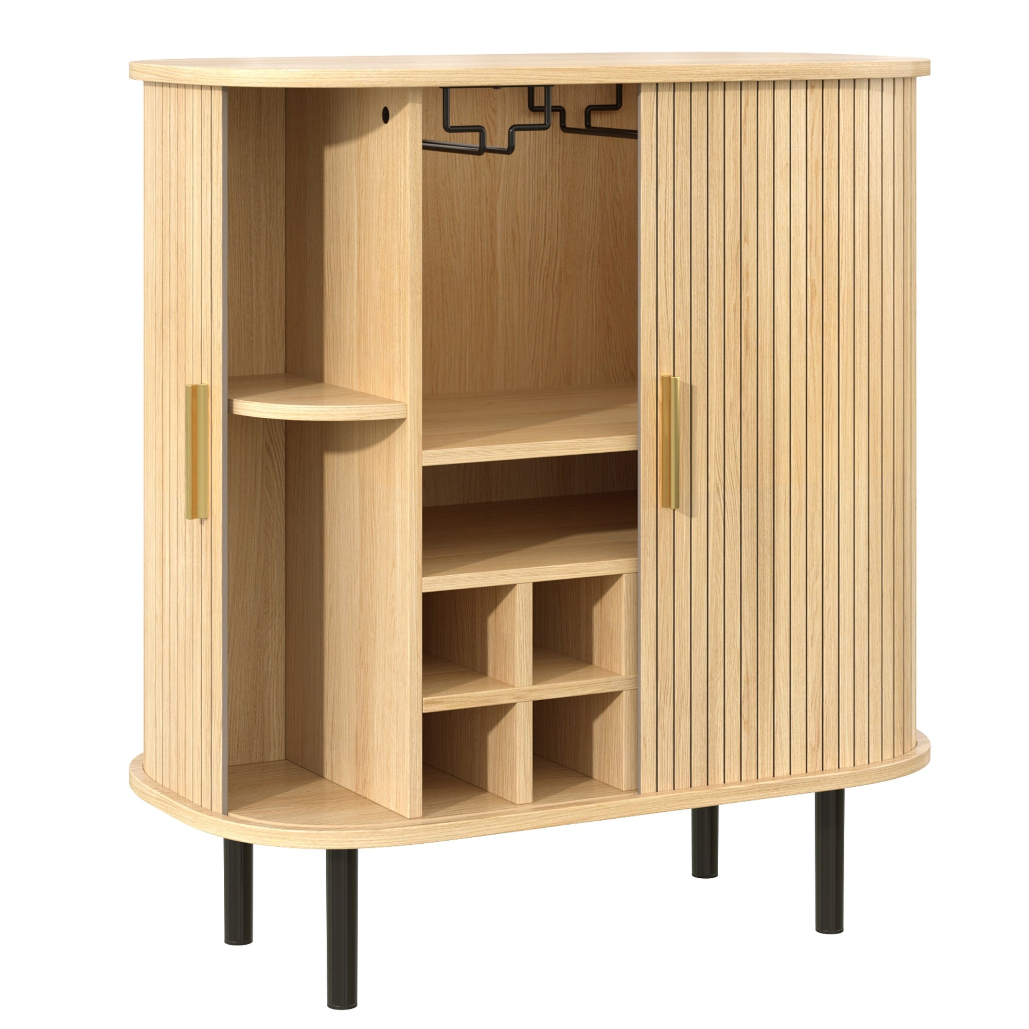 28' Fluted Wine Bar Cabinet with 8-Grid Wine Rack, 5-Level Adjustable Shelves, 2 Glass Holders, Smoothly Sliding Tambour Doors, 4 Hidden Storage Space on the Side, Modern Liquor Coffee Station, Black