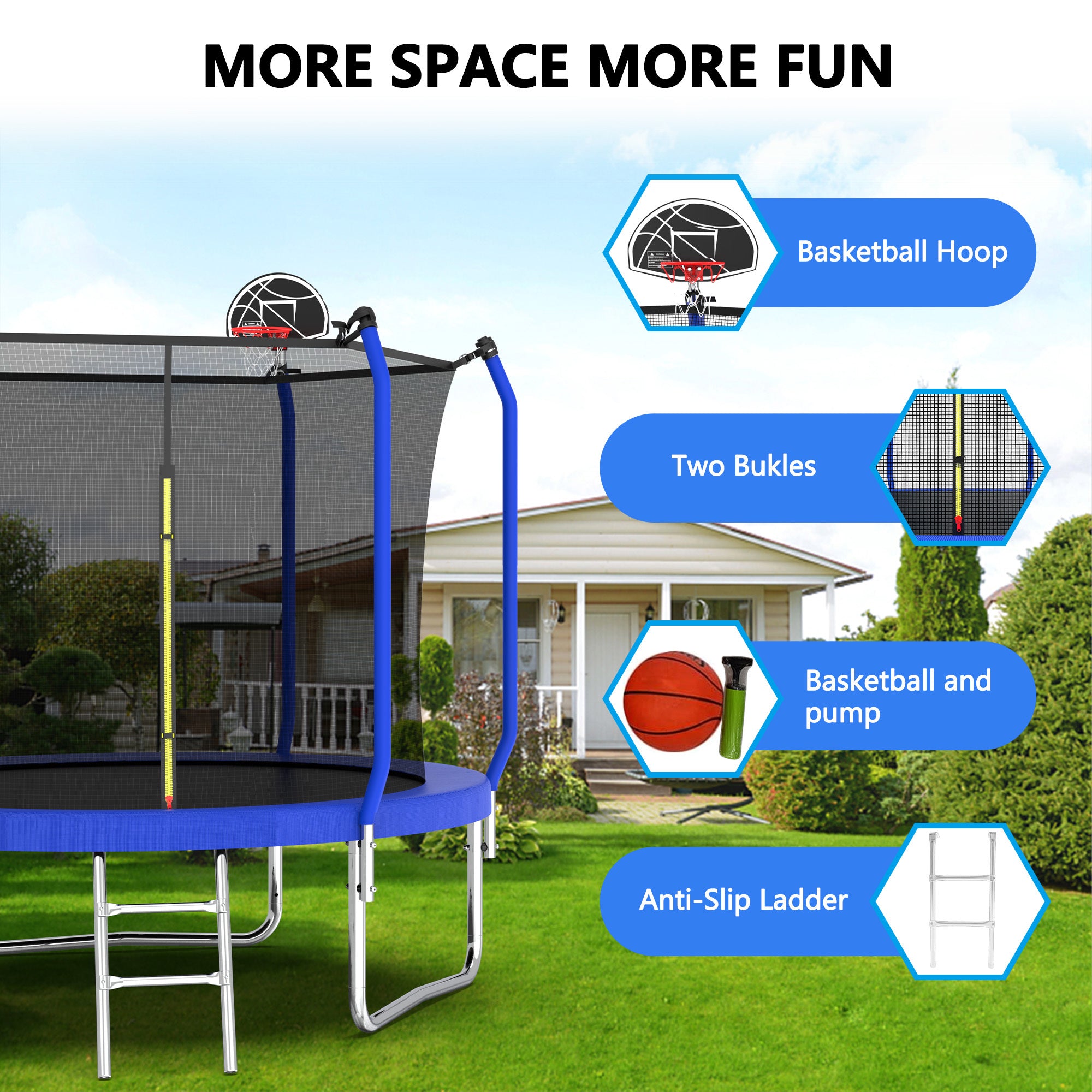 Outdoor trampoline ASTM-approved safety net enclosure