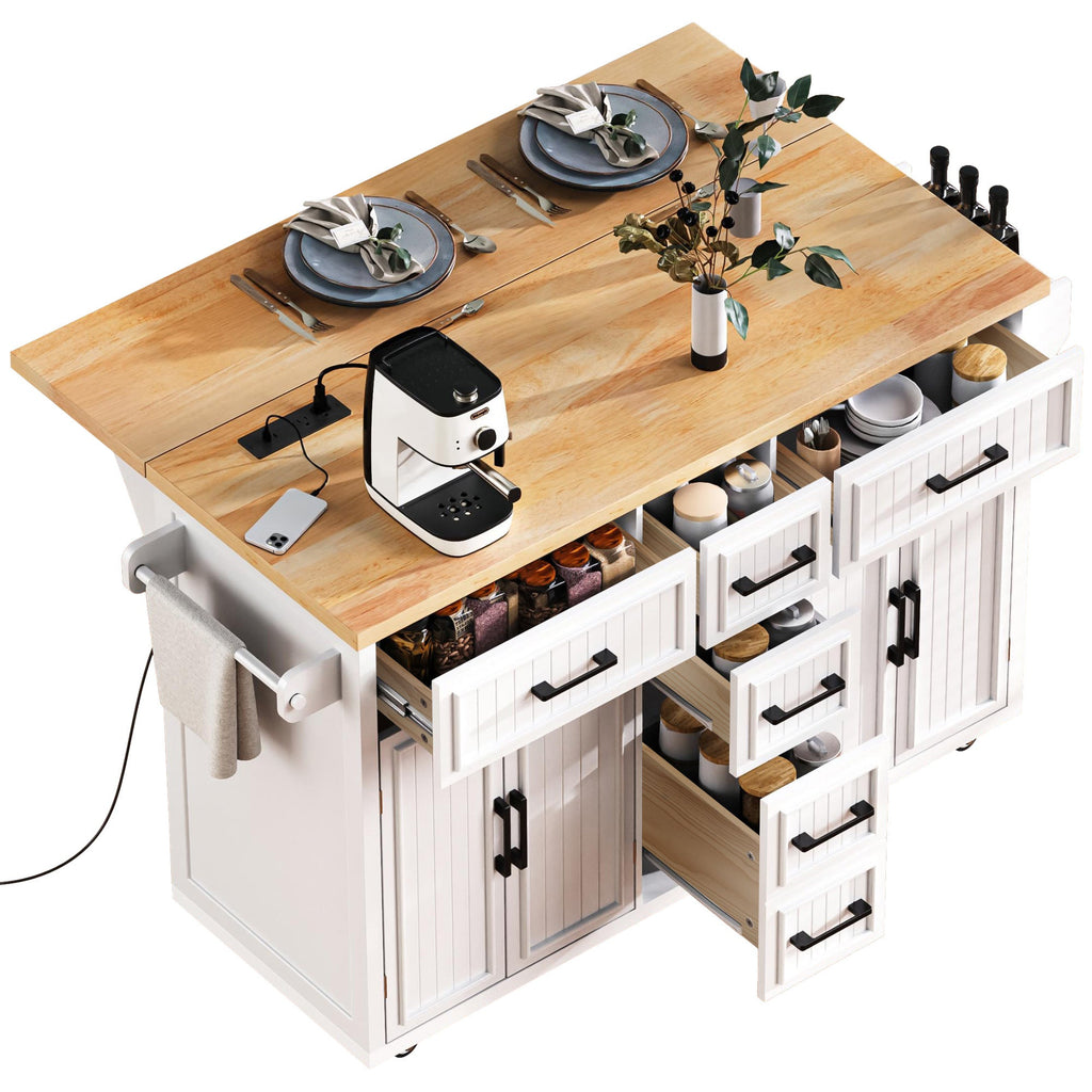 K&K 56.5'' Kitchen Island with Drop Leaf, Power Outlet, Embossed Vertical Stripe Rolling Kitchen Cart on Wheels with 4 Doors , 5 Deep Drawers and Adjustable Shelves, for Kitchen, Dining Room, Black