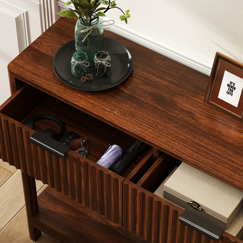 Walnut fluted console table drawer glide storage interior