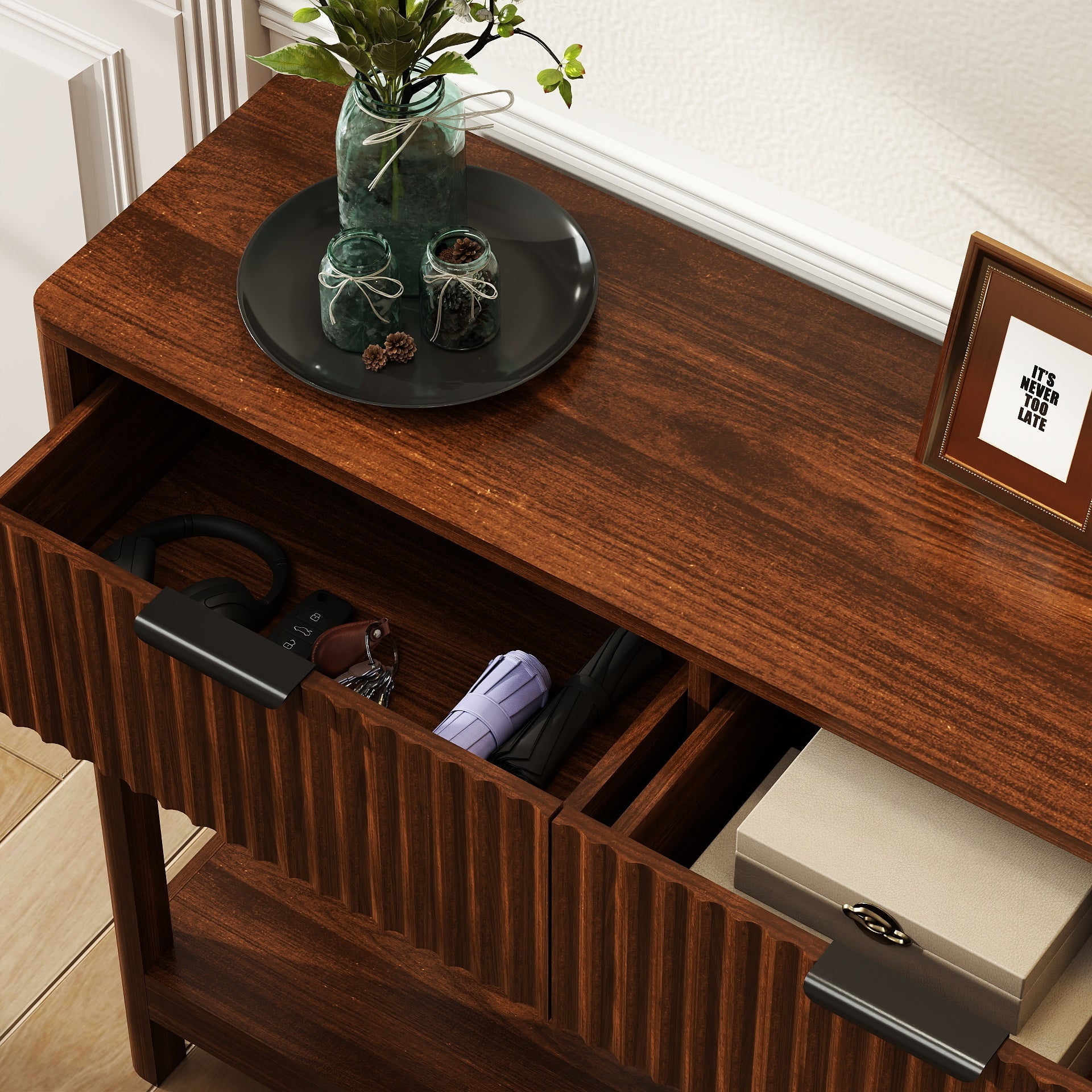 Walnut fluted console table drawer glide storage interior