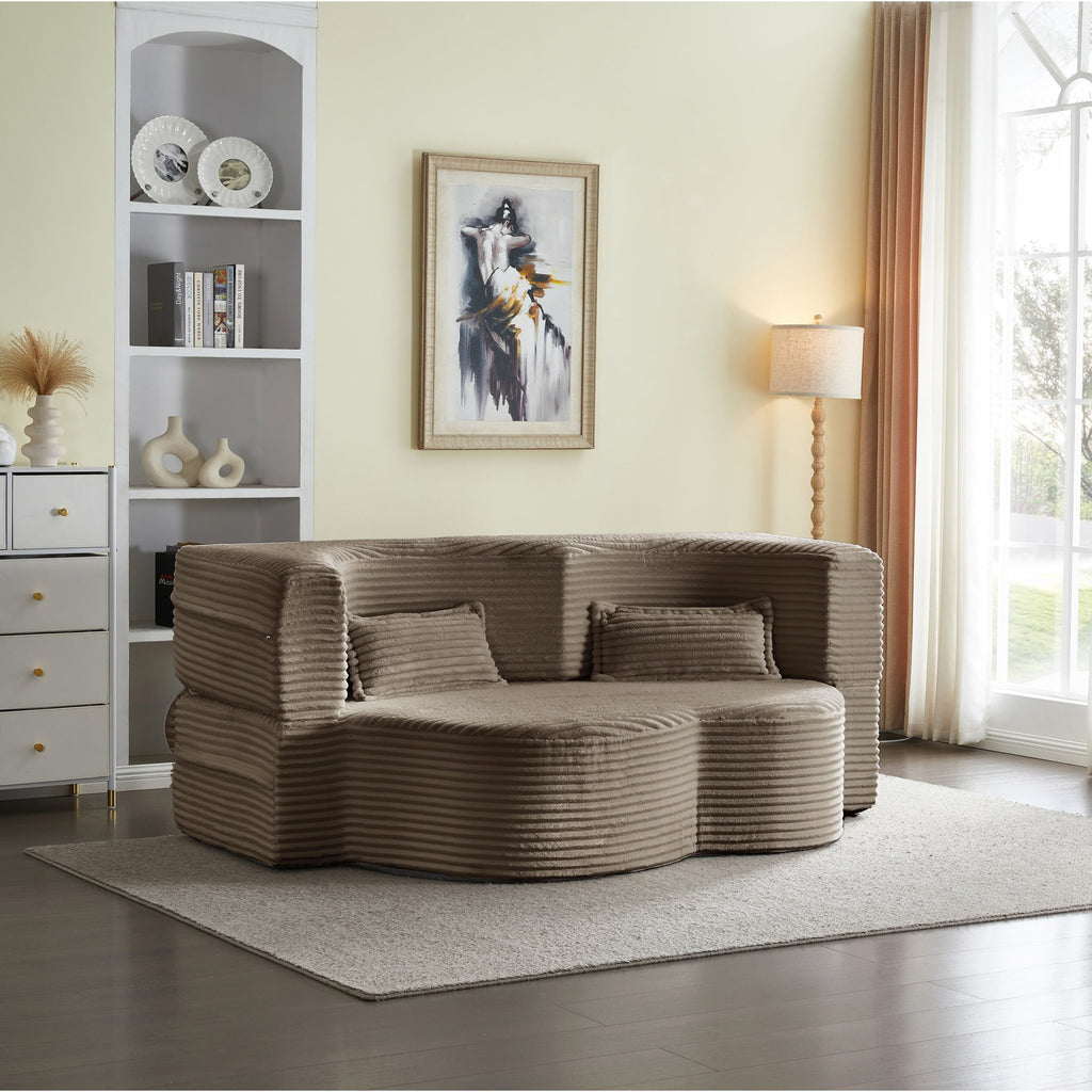Modern Floor Sofa with 2 Pillows, Convertible Plush Corduroy Foam-Filled Sleeper Sofa Bed,15 ' Full Size Folding Mattress for Living Room, Guest Bed, no assembly required, Light Grey
