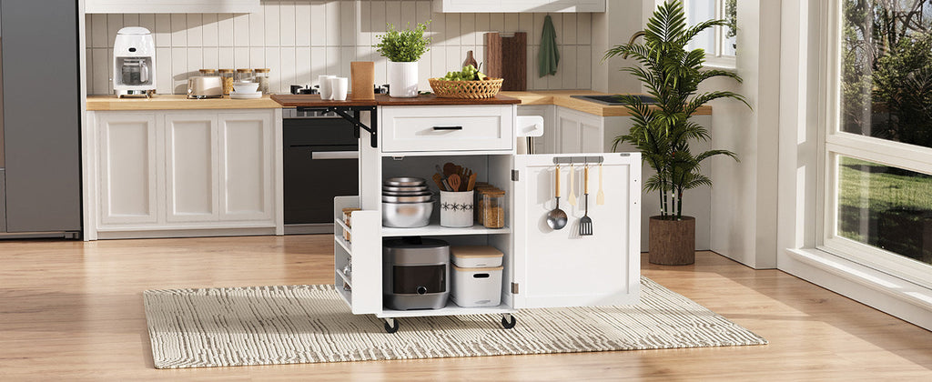 K&K 39.3' Farmhouse Kitchen Island with Drop Leaf, Kitchen Storage Island with Open Side Rack, One Drawer, Towel Rack, Rolling Kitchen Cart with Lockable Wheels for Lawn Garden, Black