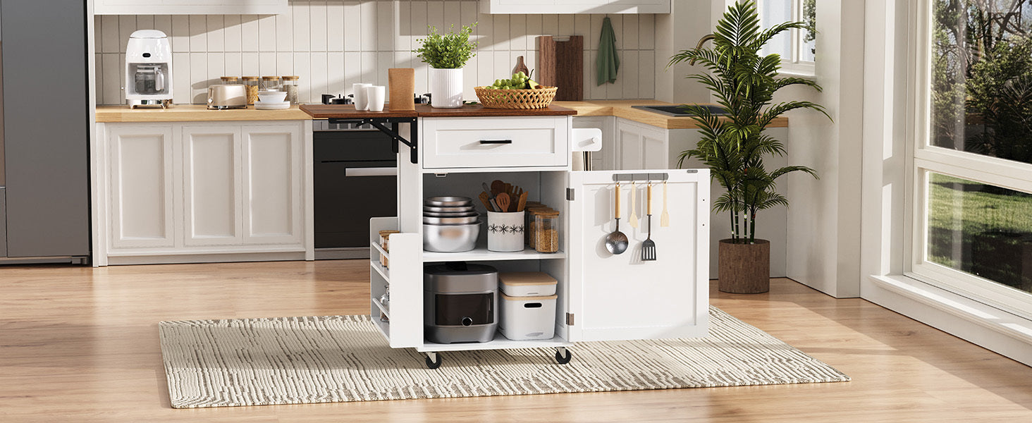 K&K 39.3' Farmhouse Kitchen Island with Drop Leaf, Kitchen Storage Island with Open Side Rack, One Drawer, Towel Rack, Rolling Kitchen Cart with Lockable Wheels for Lawn Garden, Black