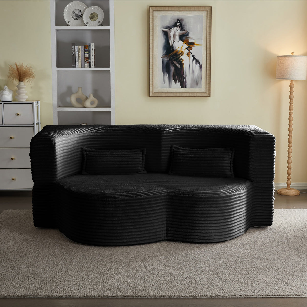 Modern Floor Sofa with 2 Pillows, Convertible Plush Corduroy Foam-Filled Sleeper Sofa Bed,15 ' Full Size Folding Mattress for Living Room, Guest Bed, no assembly required, Light Grey
