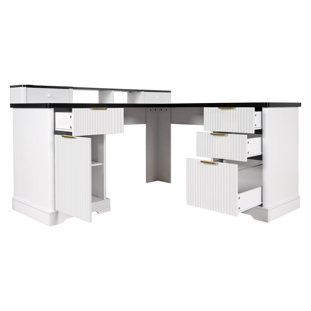 Fluted L-shaped desk in bedroom study workstation layout