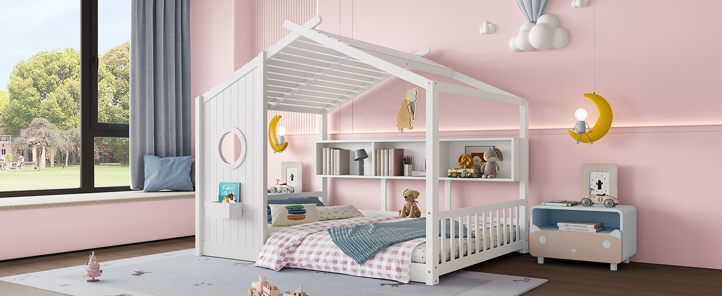 Full Size Floor House Bed for Toddler, Kids Montessori Bed with Storage Shelf, Playhouse Bed with Roof Design, Gray