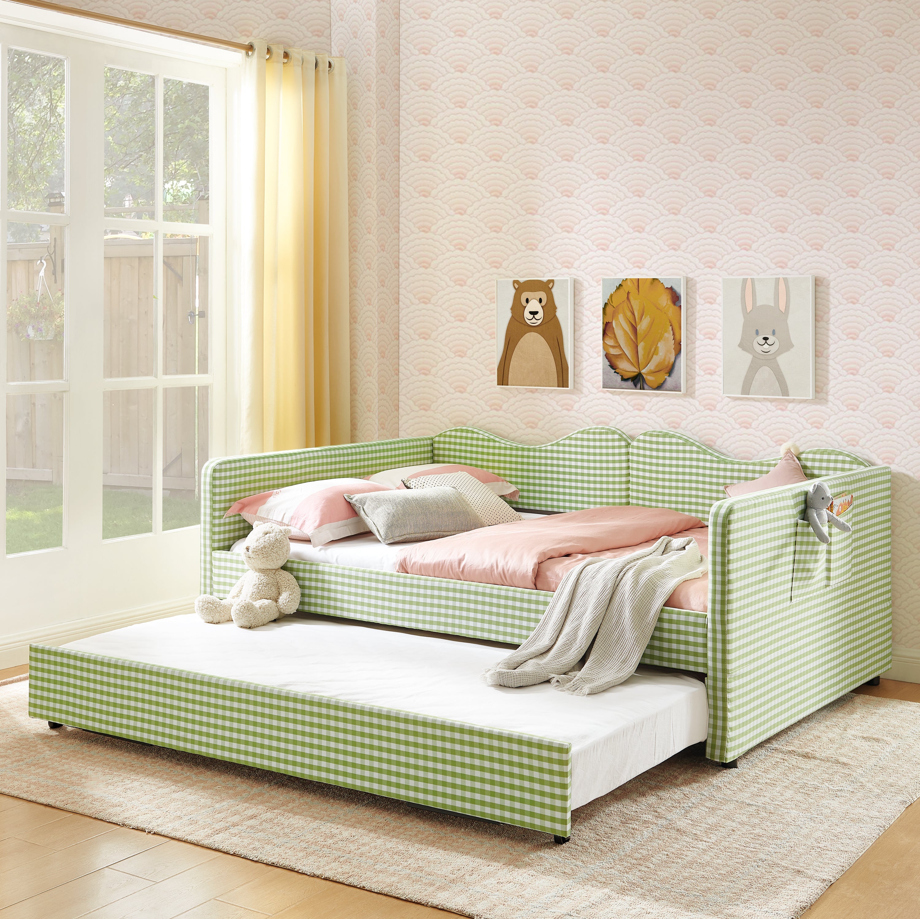 Full‑Size Daybed,Gingham Upholstered Daybed Equipped with Pull-Out Trundle Bed Frame & Side Storage Pocket, Solid Wood Frame Multi-Functional Sofa Bed for Kids Room & Guest Bedroom-PINK